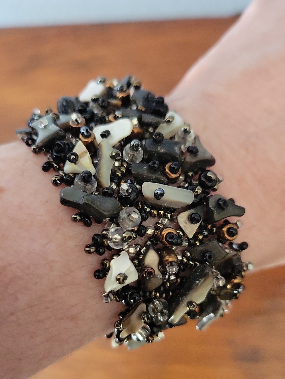 Hand-Beaded Cluster Bracelet in Black & Ivory With Magnetic Clasp
